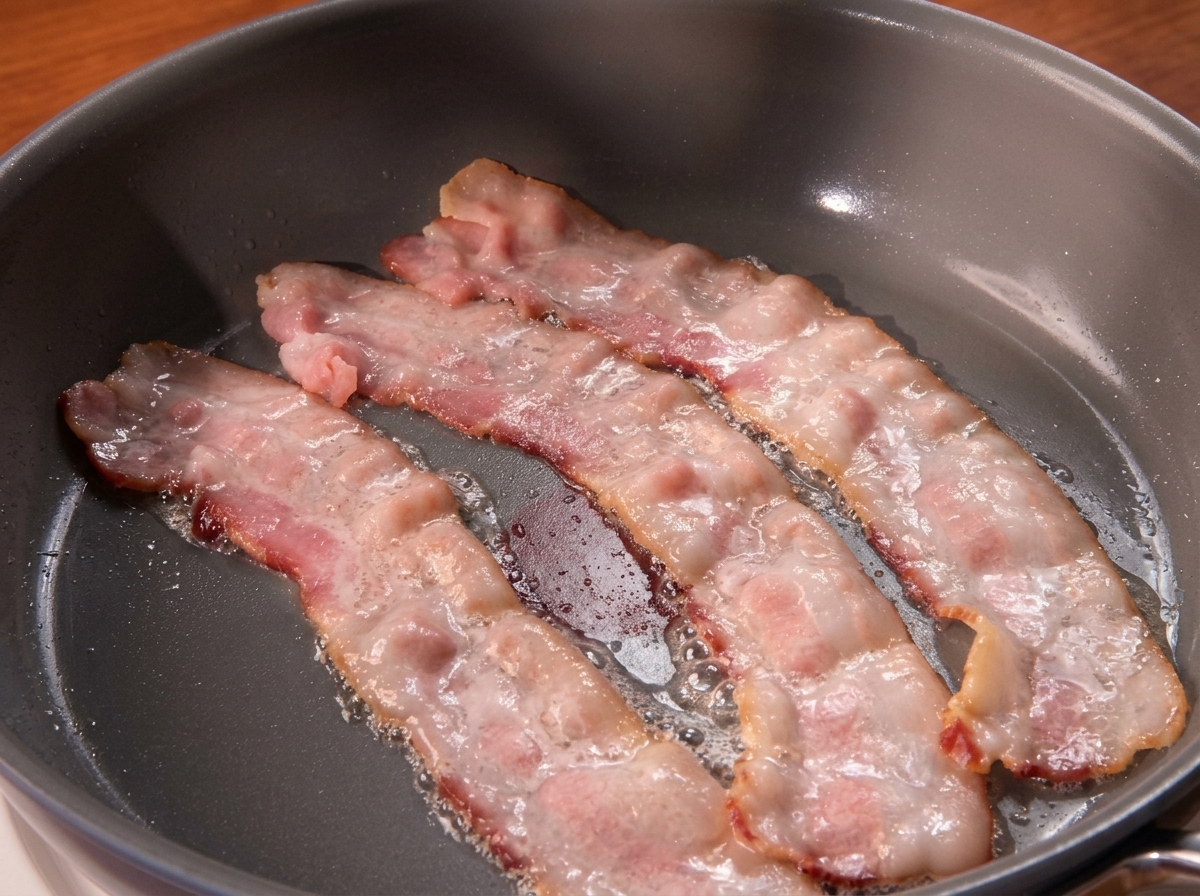 Fette di bacon che sfrigolano nel proprio grasso in una padella calda.