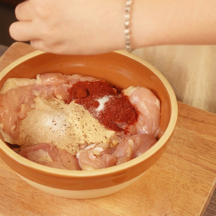 Una persona che macina pepe nero su sovracosce di pollo ricoperte di paprika e aglio in una ciotola marrone.