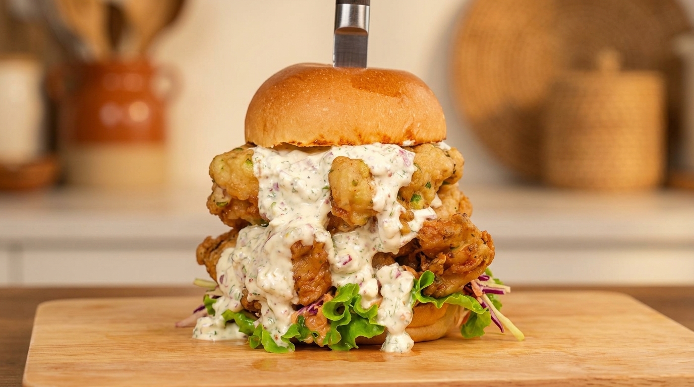 Double Burger di Pollo Fritto con Pastella al Cipollotto e Salsa allo Yogurt