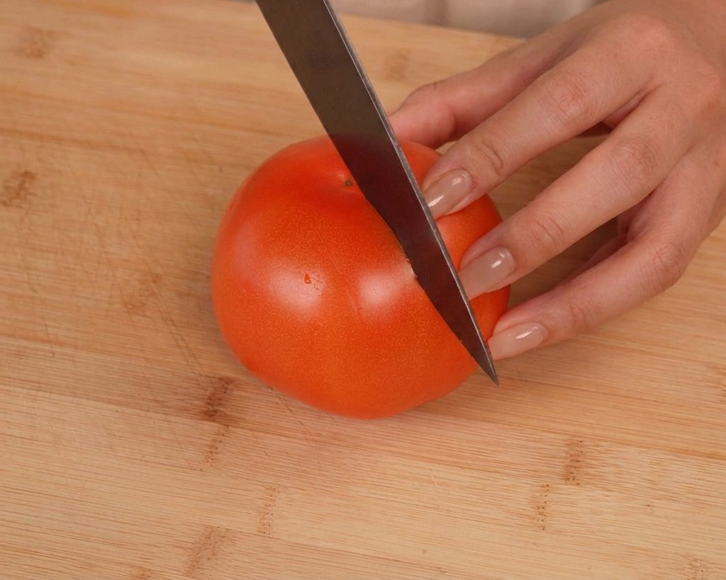 Un coltello affilato che incide una croce sulla parte superiore di un pomodoro rosso maturo su un tagliere di legno.