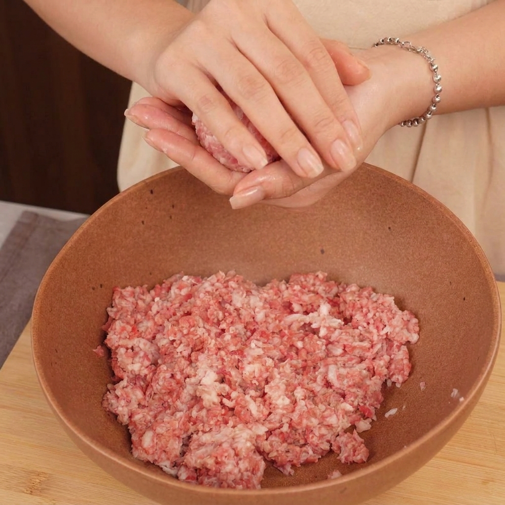 Mani che modellano delicatamente una pallina di carne macinata cruda sopra una ciotola di manzo.