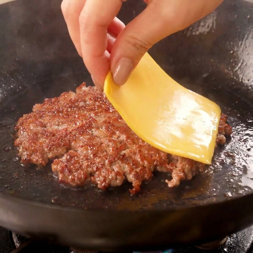Una mano che mette una fetta di formaggio giallo sopra un burger già schiacciato e rosolato in padella.
