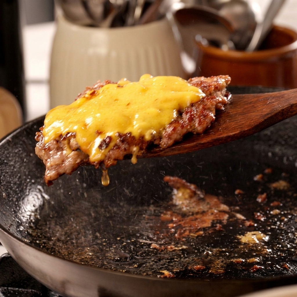 Primo piano di un burger succulento con formaggio fuso sollevato dalla padella con una spatola di legno.