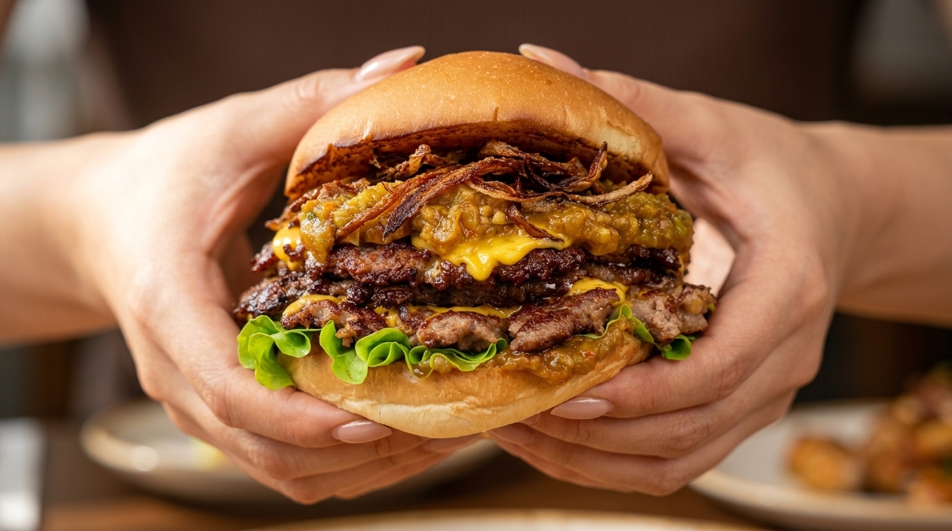 Ultimate Triple Smash Burger con Salsa ai Peperoncini Arrostiti