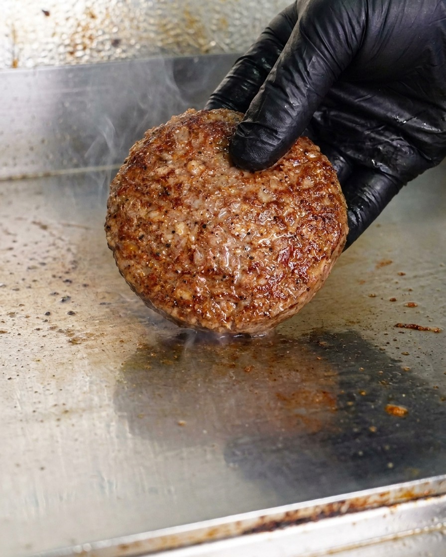Una mano con guanto nero posiziona una pallina di carne macinata cruda su una piastra di metallo calda.