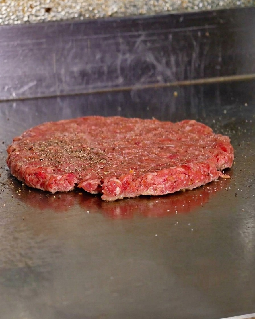 Un patty di carne appiattito sulla piastra, visibilmente condito con pepe nero macinato grosso.