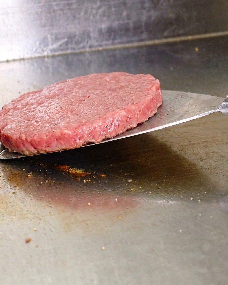 Una spatola di metallo che solleva un sottile patty di manzo da una piastra calda per girarlo.