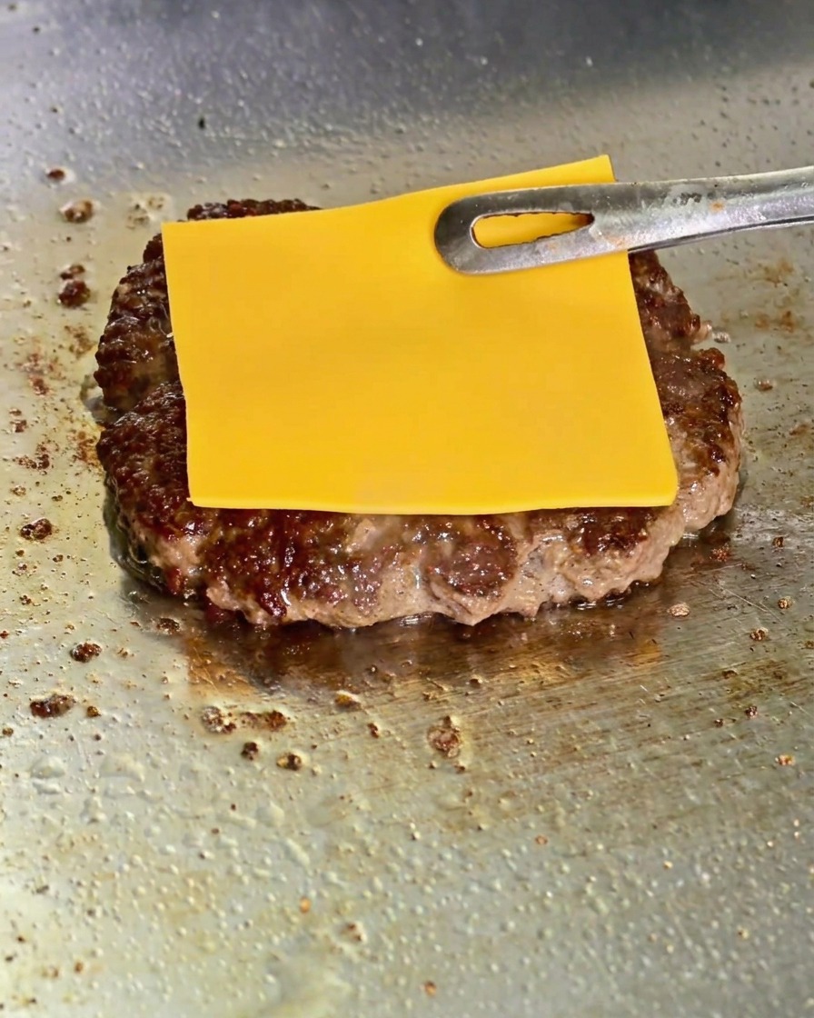 Pinze di metallo che posizionano una fetta quadrata di formaggio giallo su un patty rosolato in cottura sulla piastra.