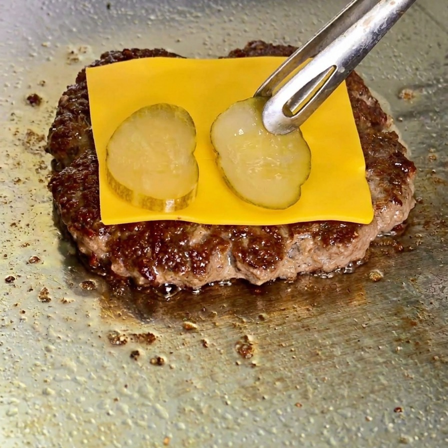 Pinze di metallo che aggiungono una terza fetta di cetriolino su un quadrato di formaggio fuso che copre un patty di manzo.
