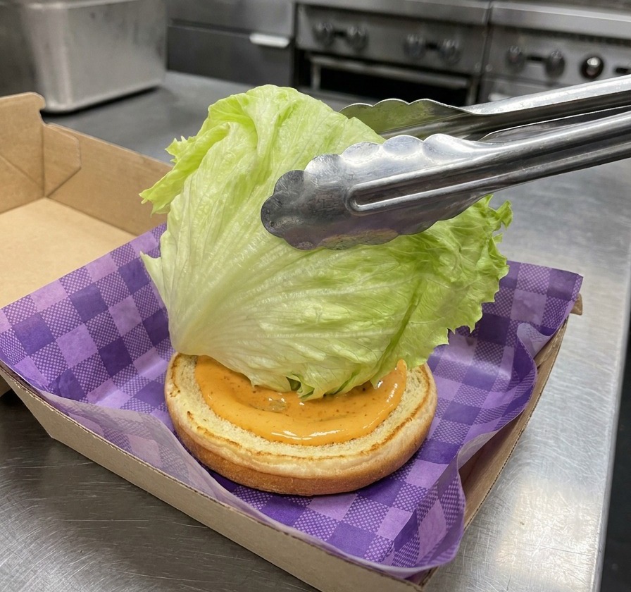 Pinze di metallo che tengono una foglia di lattuga iceberg sopra un bun tostato con salsa arancione.