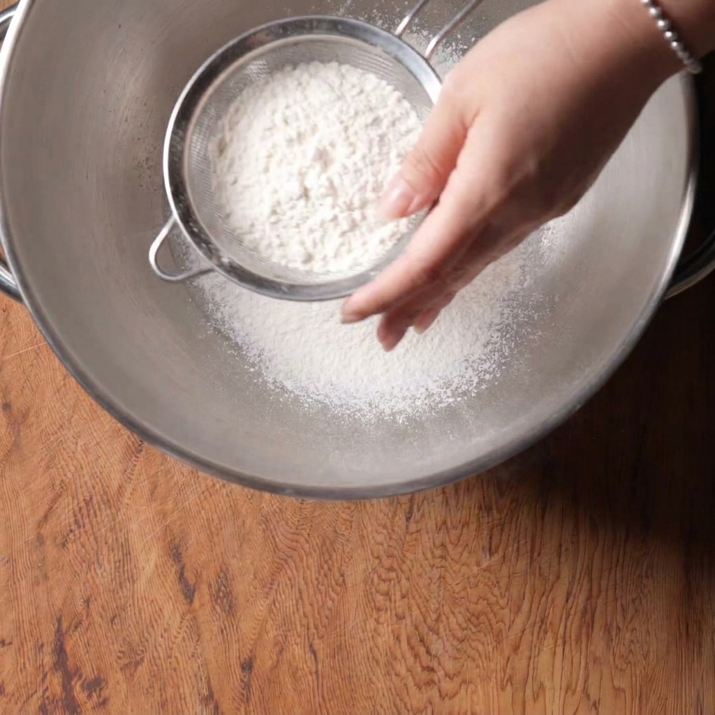 Setacciare la farina bianca di forza attraverso un colino a maglia fine in una ciotola di acciaio inox.