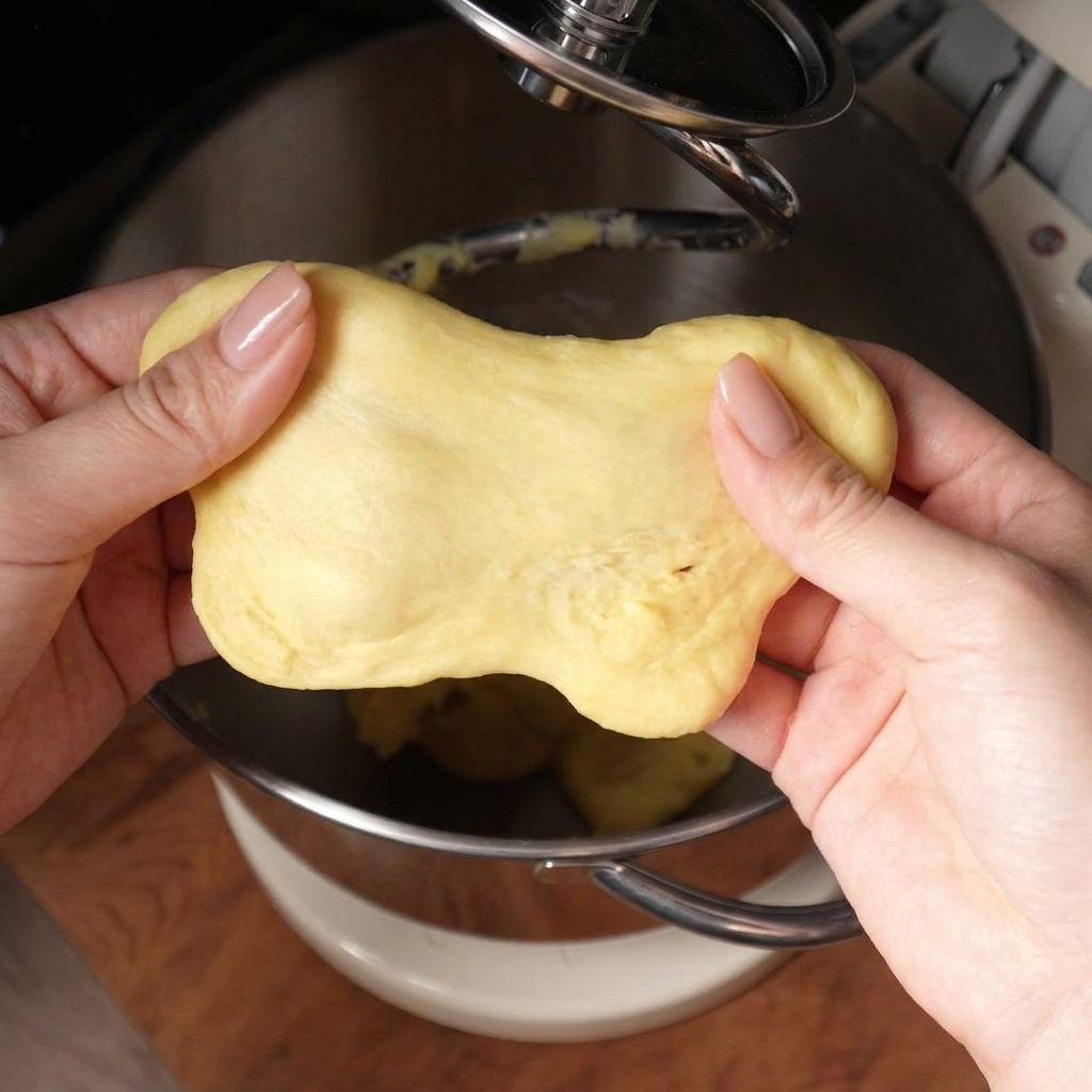 Due mani che tirano delicatamente un pezzo di impasto giallo mostrando una consistenza spessa che si strappa facilmente.