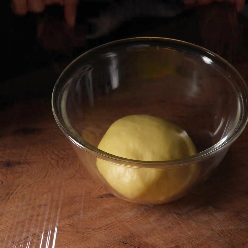 Una palla liscia di impasto giallo in una ciotola di vetro, coperta ermeticamente con pellicola trasparente.