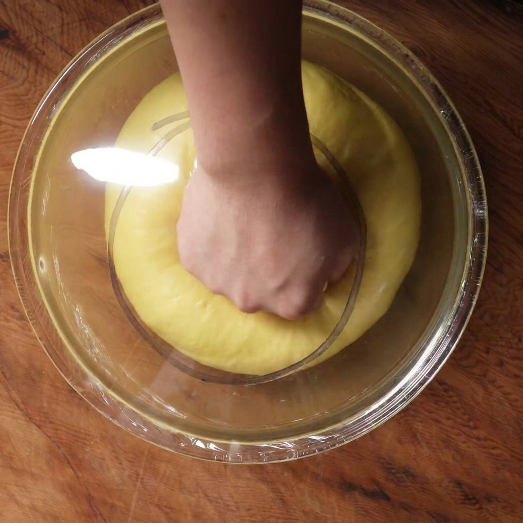 Una mano che preme limpasto giallo gonfio allinterno della ciotola per sgonfiarlo.