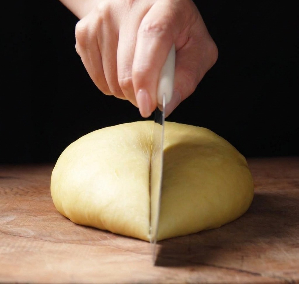 Una mano che usa un tarocco per tagliare limpasto brioche giallo in sezioni uguali su un tagliere di legno.