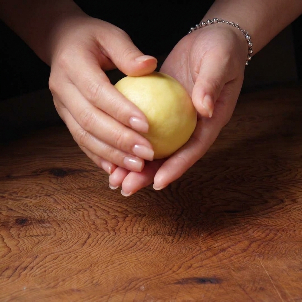 Due mani che pirlano limpasto su un piano di legno per ottenere una pallina liscia e tesa.