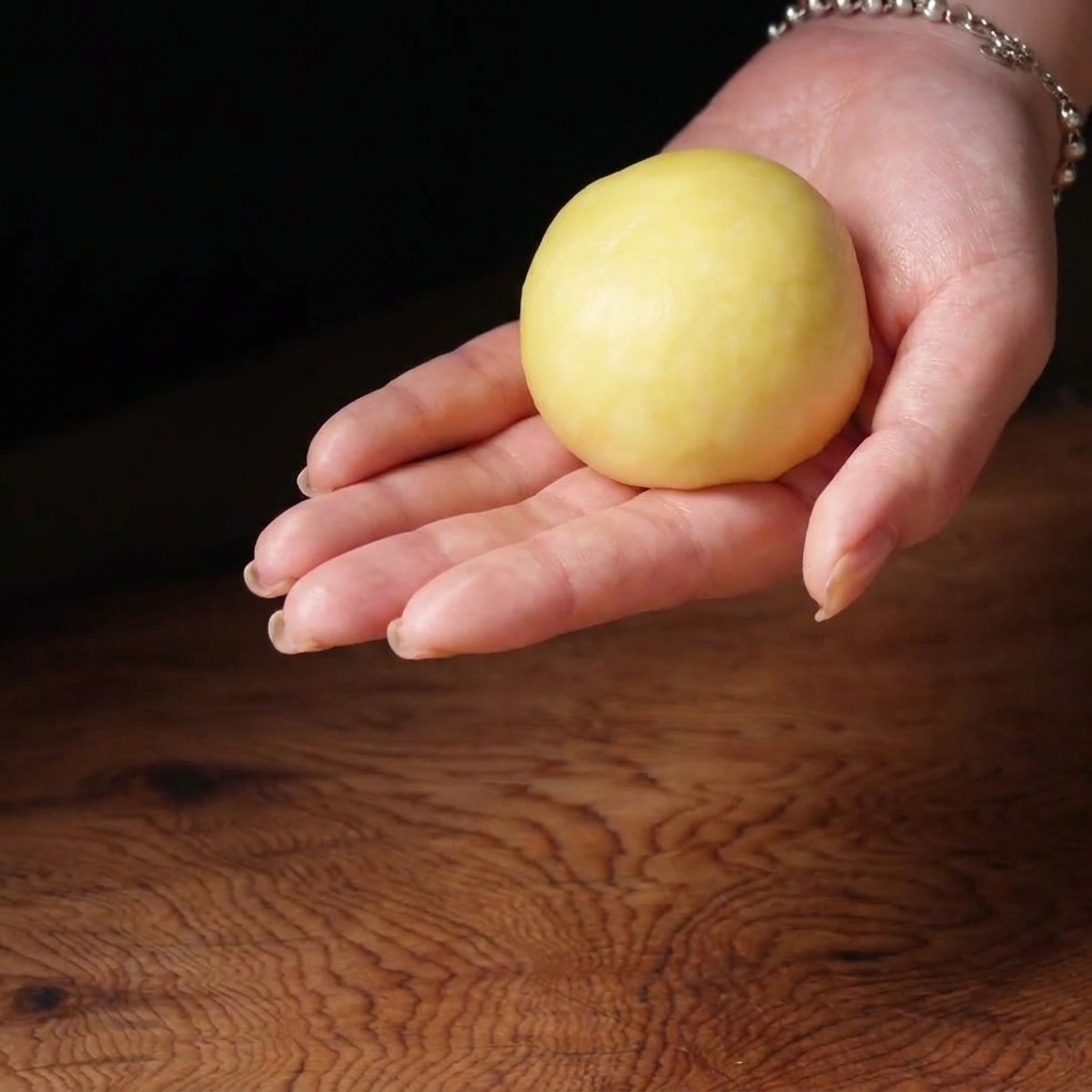 Una persona che tiene nel palmo della mano una pallina di impasto giallo perfettamente tonda e liscia.