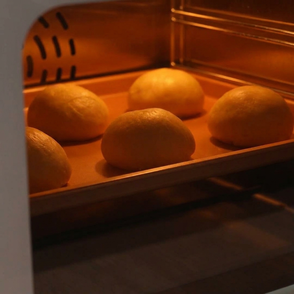 Quattro palline di impasto su una teglia dentro un forno caldo, visibilmente gonfie e aumentate di volume.