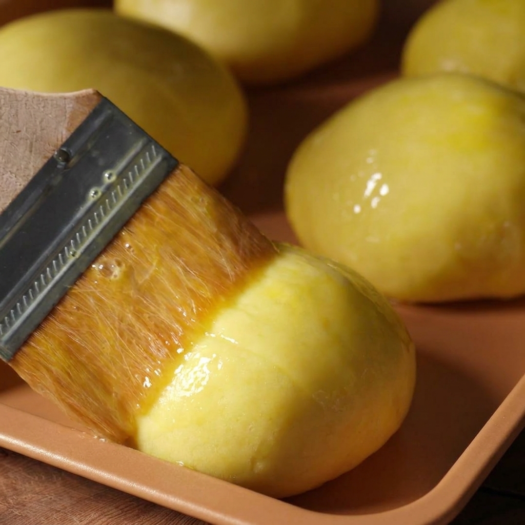 Primo piano di un pennello da cucina che ricopre una pallina di impasto con un uovo sbattuto lucido.