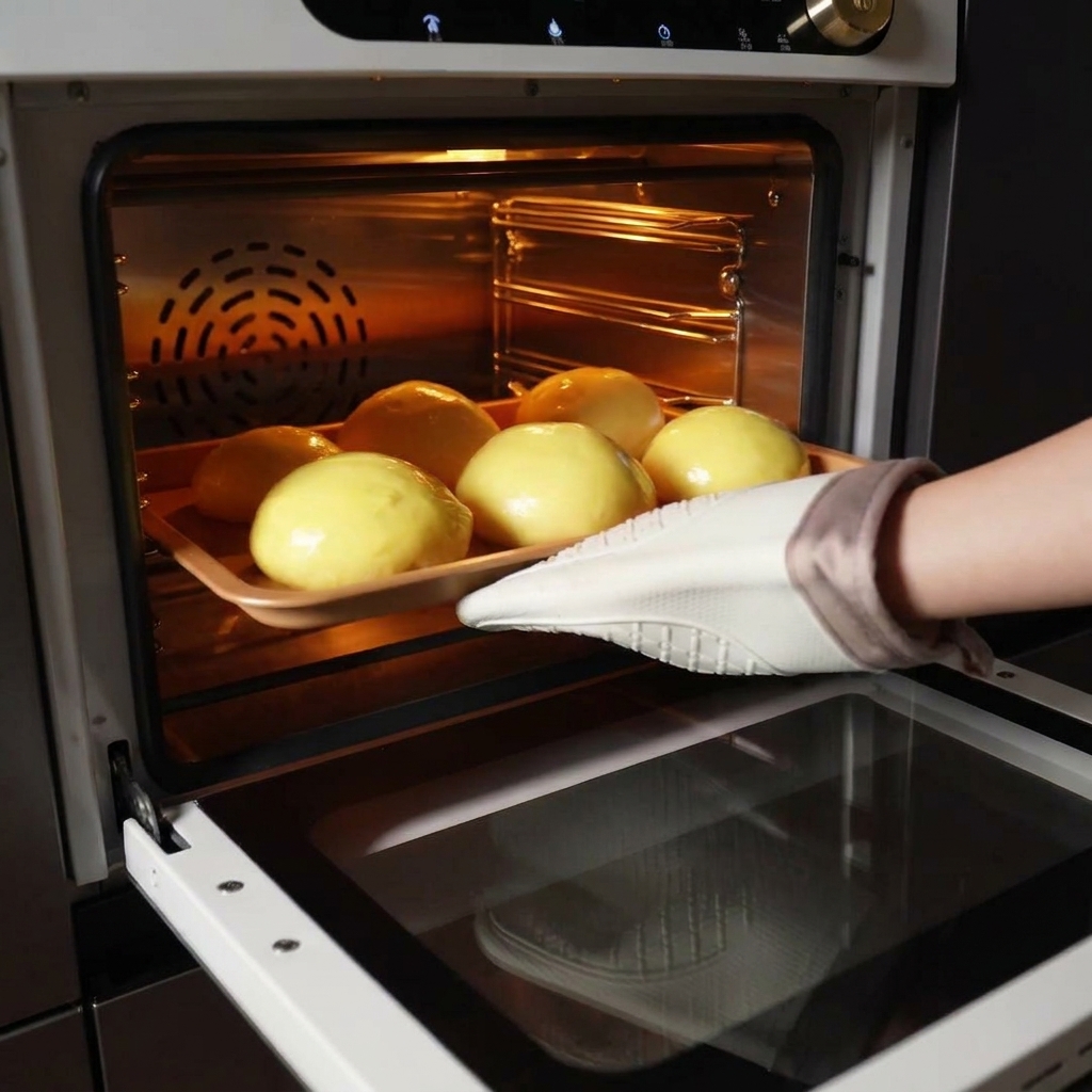 Una mano con un guanto da forno che inserisce una teglia con sei panini in un forno illuminato.