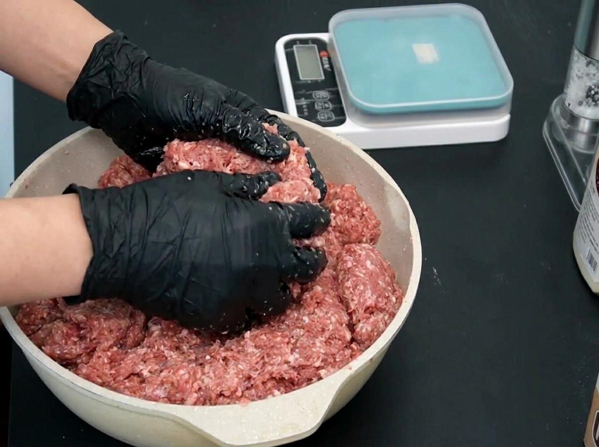 Due mani con guanti sollevano una porzione di carne macinata condita dalla teglia.