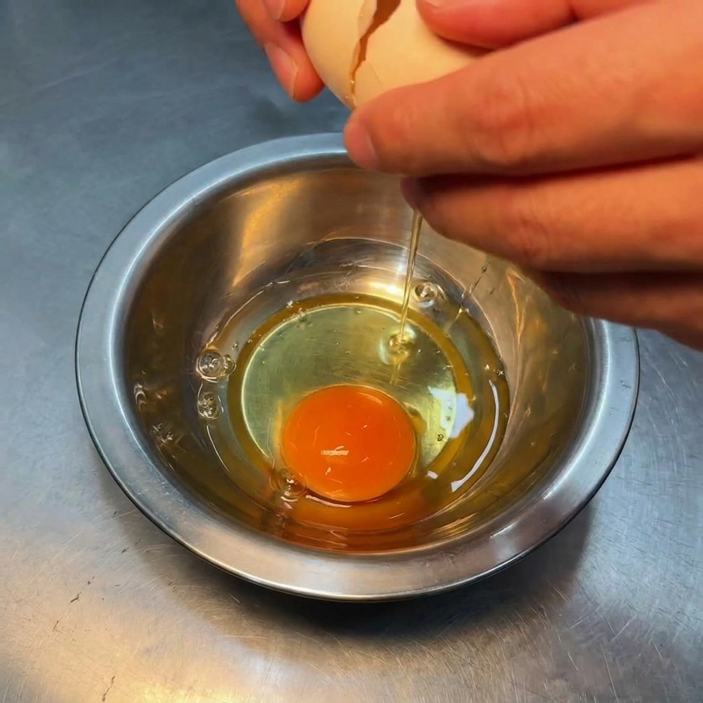 Mani che rompono un uovo crudo in una ciotolina di acciaio inox.