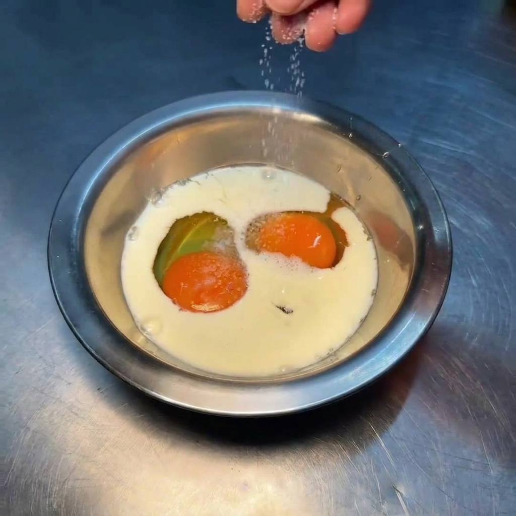 Una mano che sparge sale e pepe bianco in una ciotola di uova e latte.
