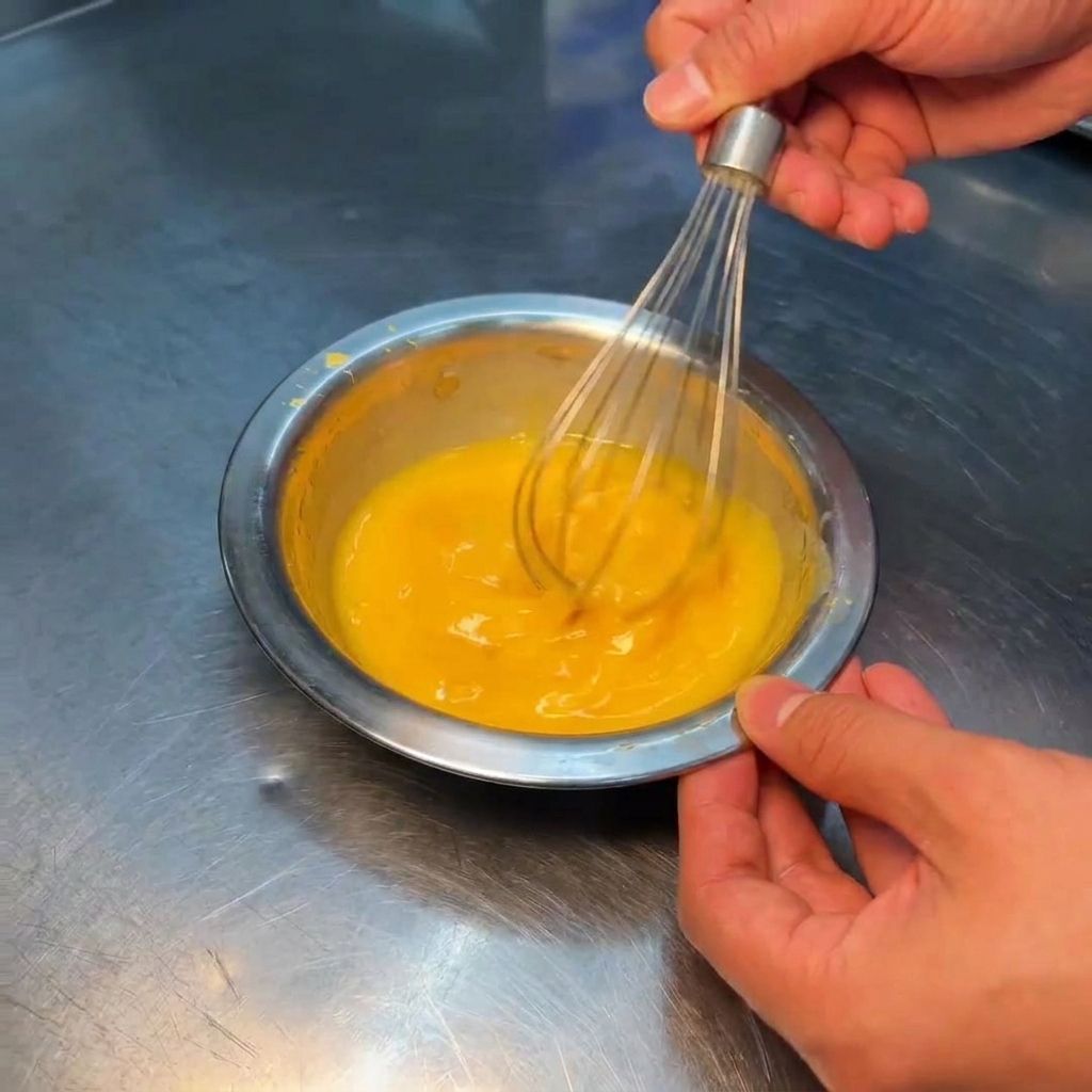 Sbattere un composto di uova giallo brillante in una ciotola di acciaio.