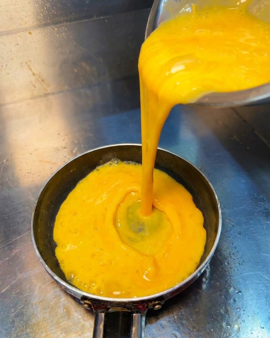 Versare il composto di uova in una piccola padella calda.