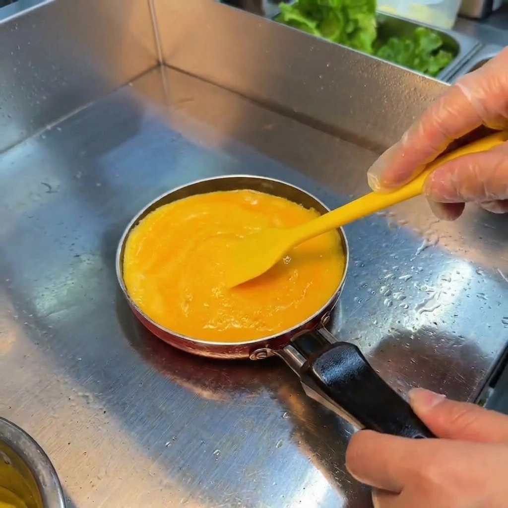 Una mano che mescola uova strapazzate morbide in padella con una spatola gialla.