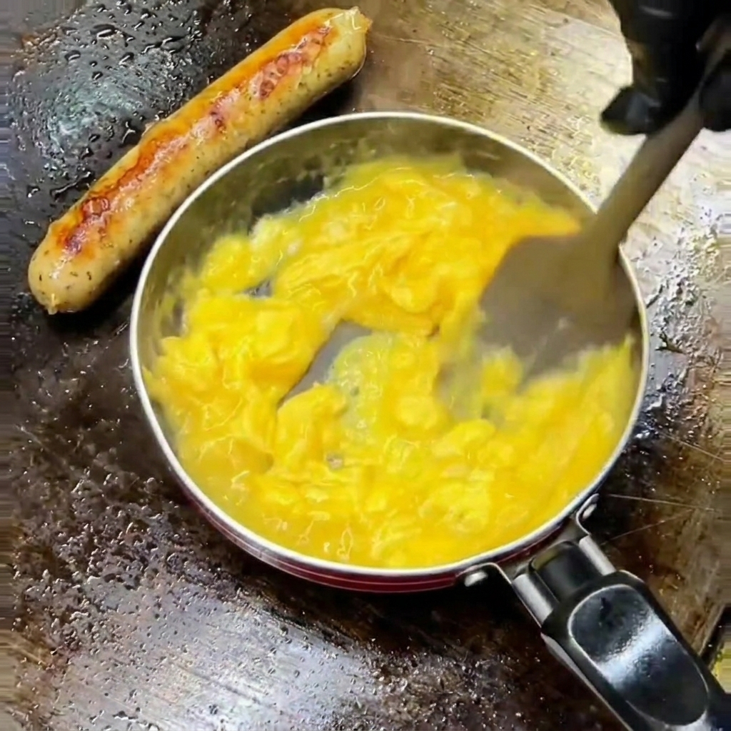 Uova strapazzate mescolate delicatamente con una spatola in una piccola padella.