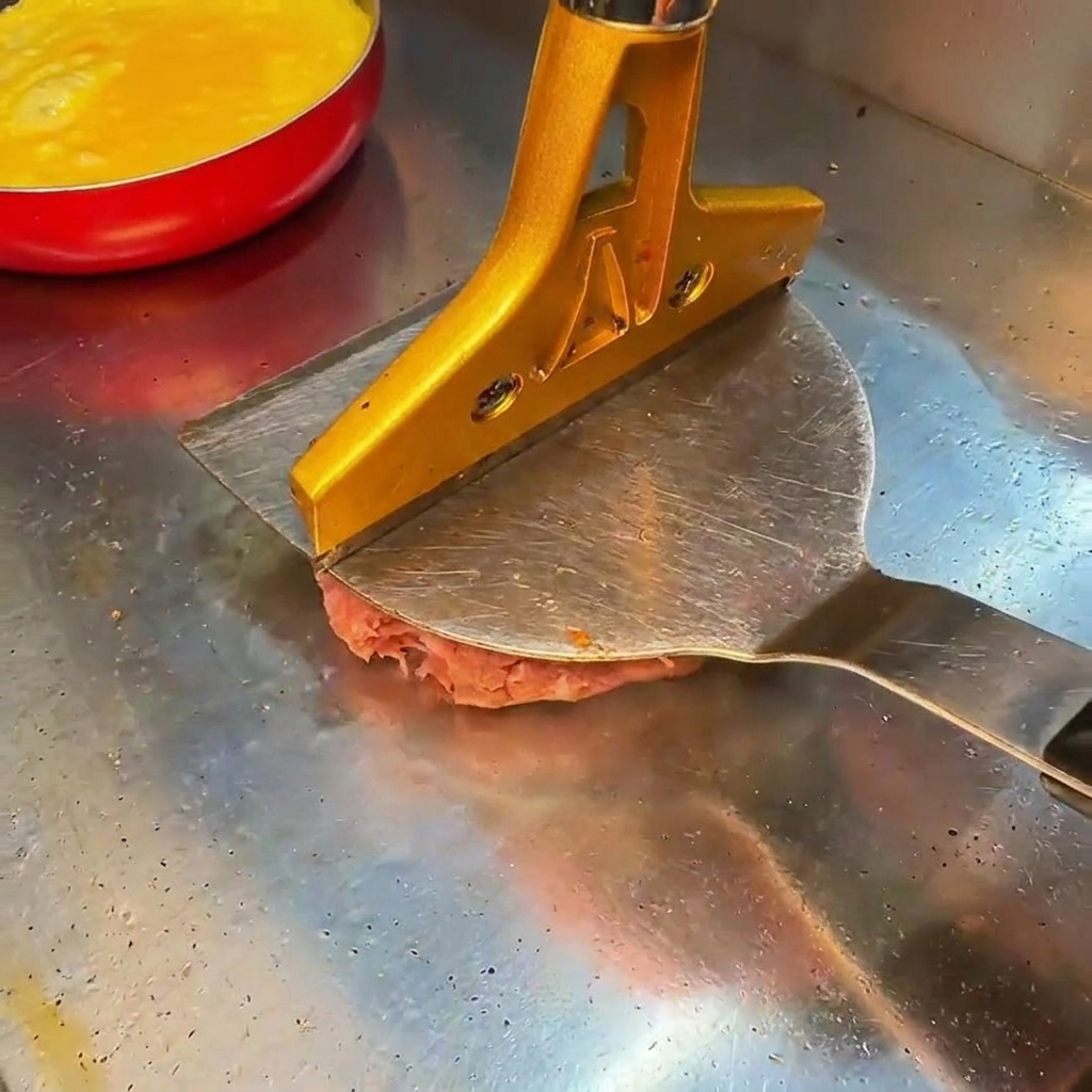 Un patty di manzo crudo schiacciato su una piastra calda usando una pressa metallica.