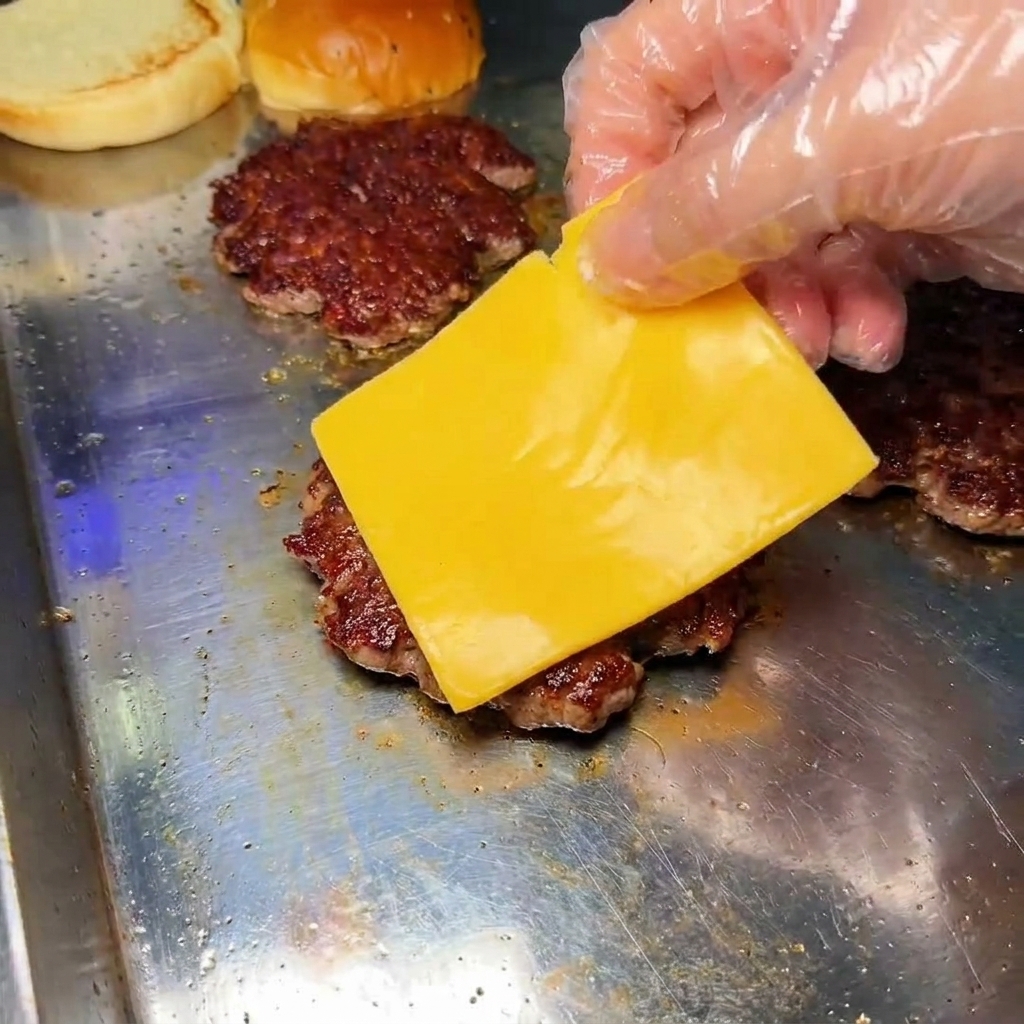 Una mano che posiziona una sottiletta di formaggio giallo su un patty di manzo caldo.