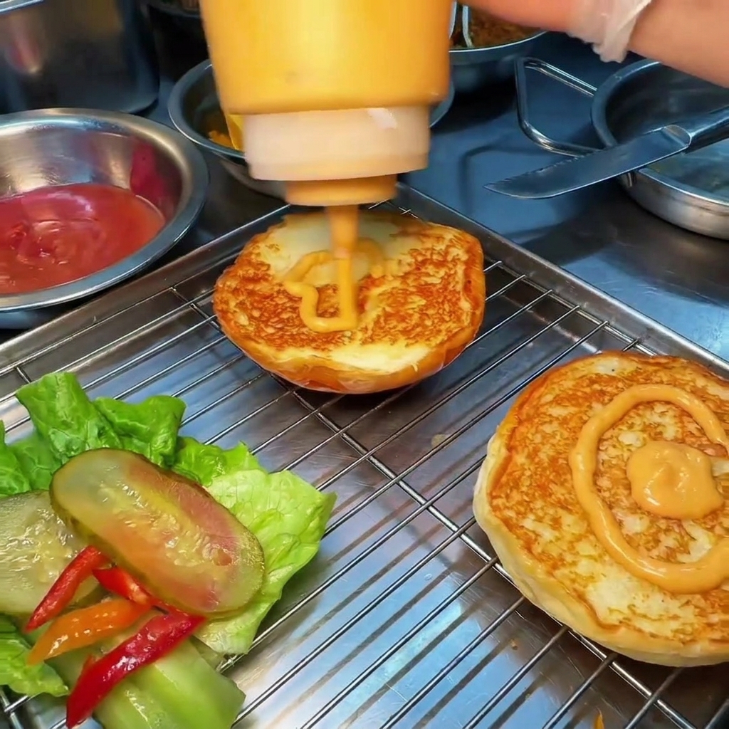 Versare salsa per burger arancione su panini tostati appoggiati su una gratella.
