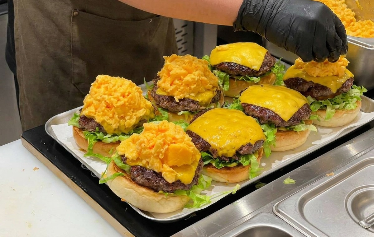 Una persona con guanti neri che mette uova strapazzate su un burger già assemblato.
