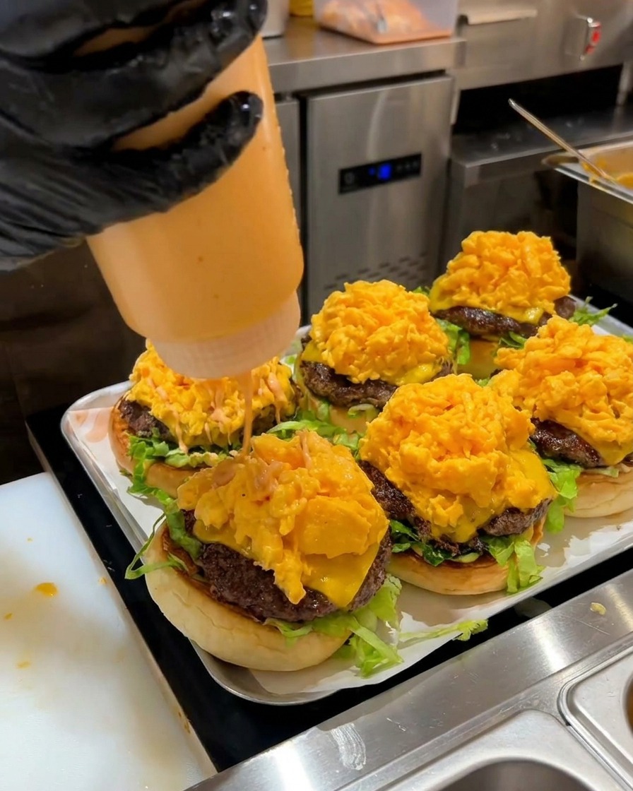 Versare salsa agrodolce arancione sopra un alto burger con uova strapazzate.