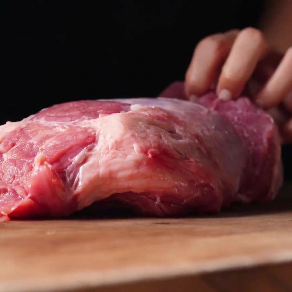 Un grande pezzo di reale di manzo crudo su un tagliere di legno.