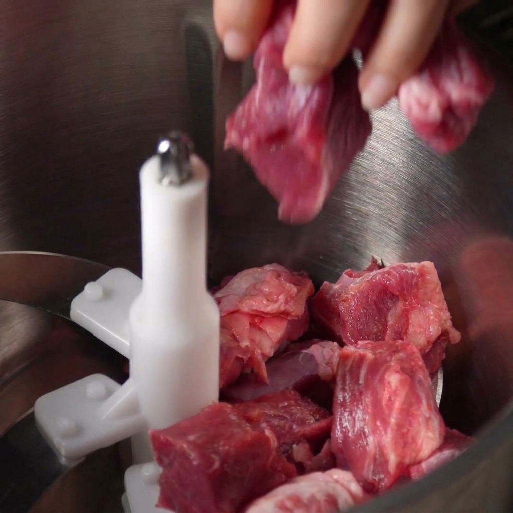 Mano che aggiunge pezzi di grasso di manzo crudo in una ciotola di metallo del robot da cucina.