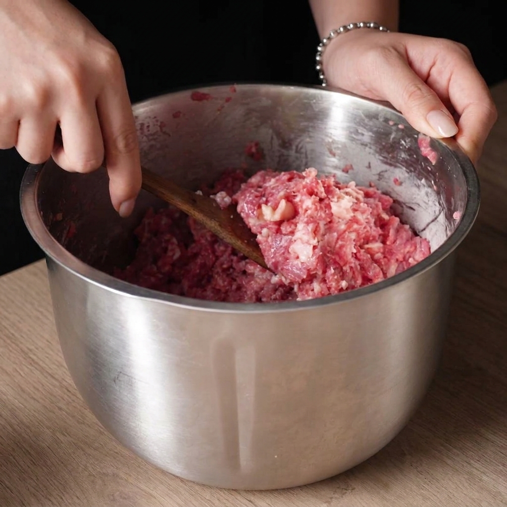 Carne di manzo macinata grossolanamente su un cucchiaio di legno allinterno di una ciotola dacciaio.