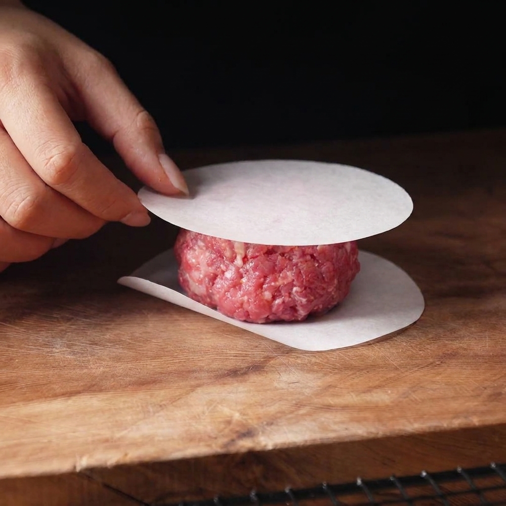 Mano che posiziona un foglio di carta forno sopra una palla di carne per schiacciarla in un disco.