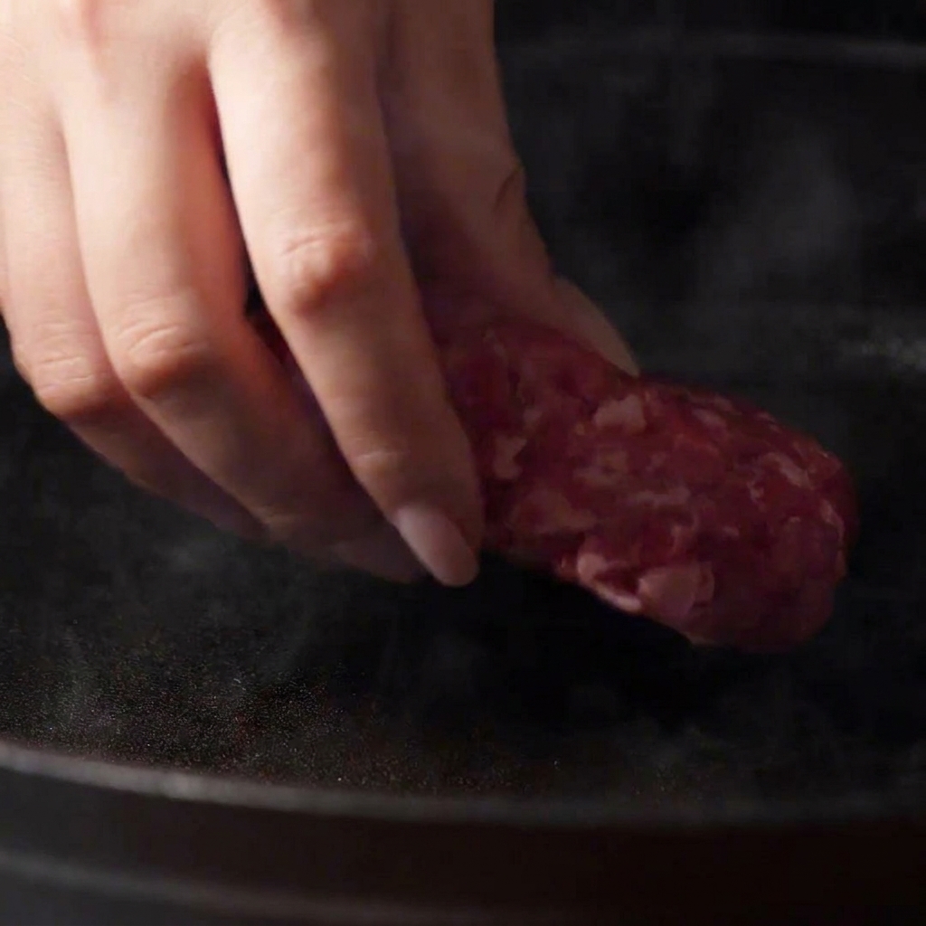 Mano che appoggia un disco di carne cruda su una padella bollente e fumante.