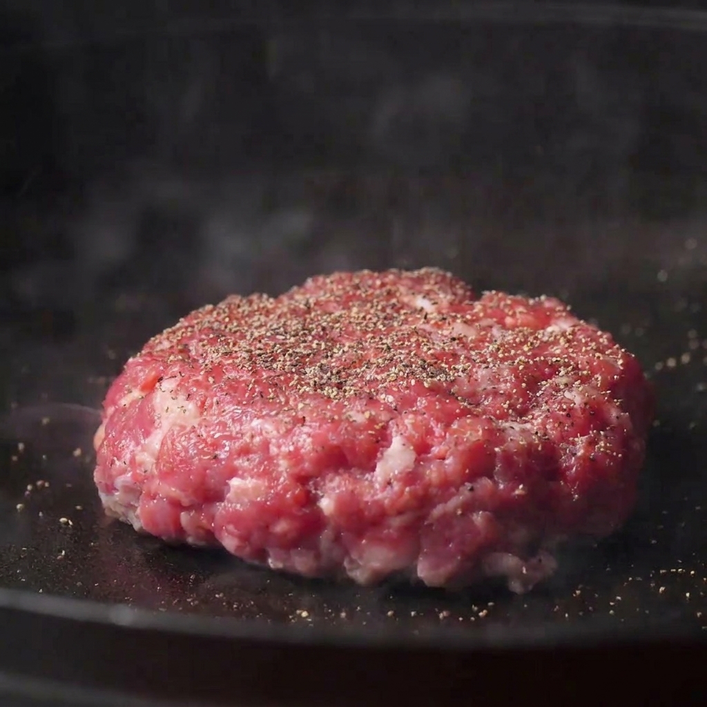 Un disco di carne spessa che sfrigola in padella mentre viene condito con sale e pepe.