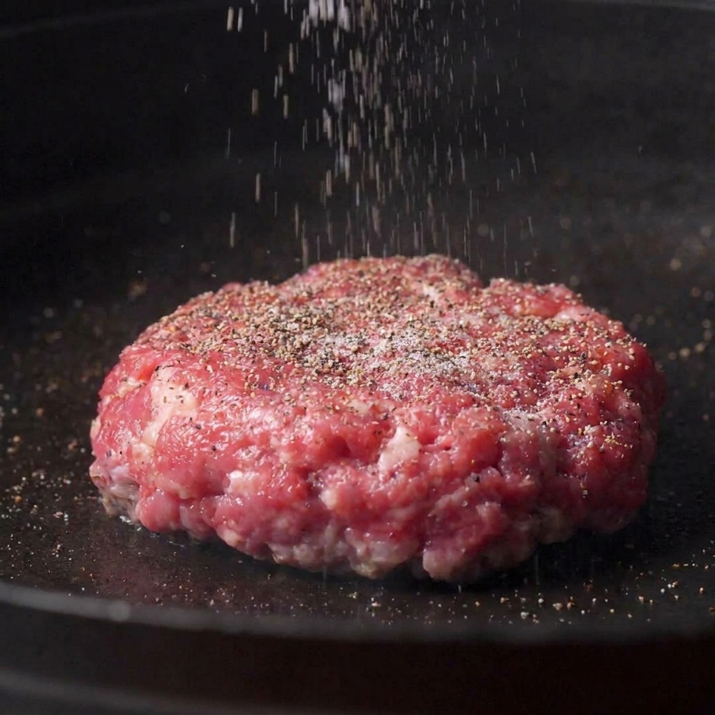 Una spatola di metallo che gira un disco di carne in una padella calda.