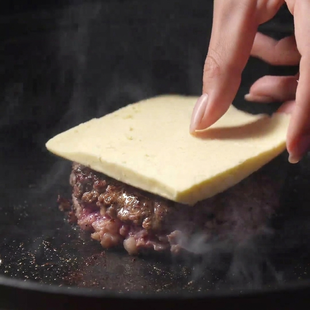 Mano che mette una fetta spessa di formaggio su un burger appena girato in padella.