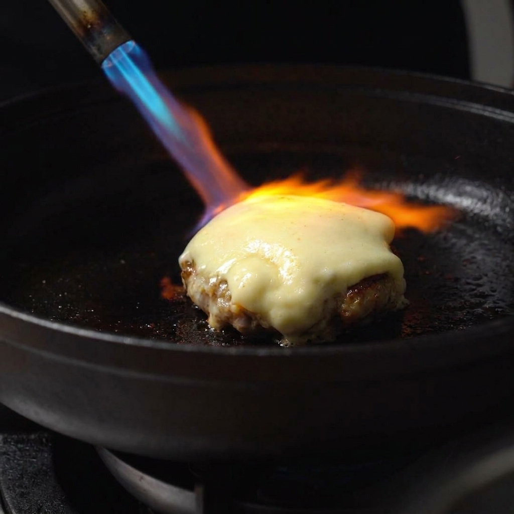 Fiamma blu di un cannello da cucina che caramella il formaggio fuso sopra un burger.