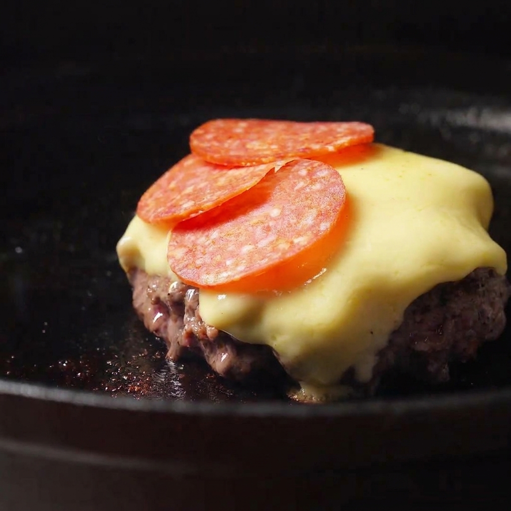 Fette di salame rosso disposte sopra il formaggio fuso in un hamburger.