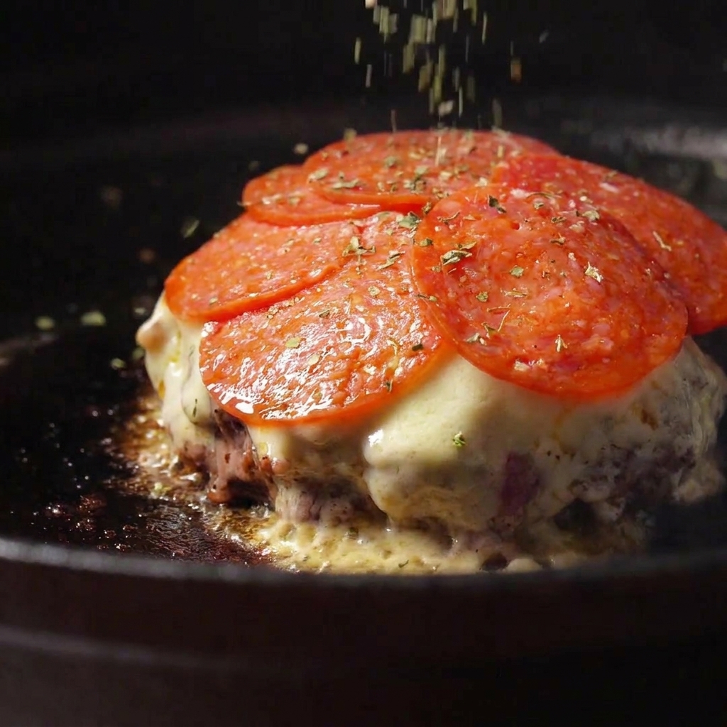 Erbe essiccate verdi che cadono sopra il salame in una padella scura.