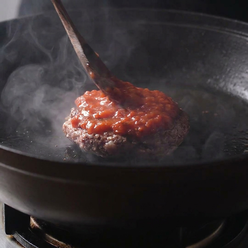 Cucchiaio di legno che stende salsa di pomodoro sulla crosta di un secondo burger in cottura.