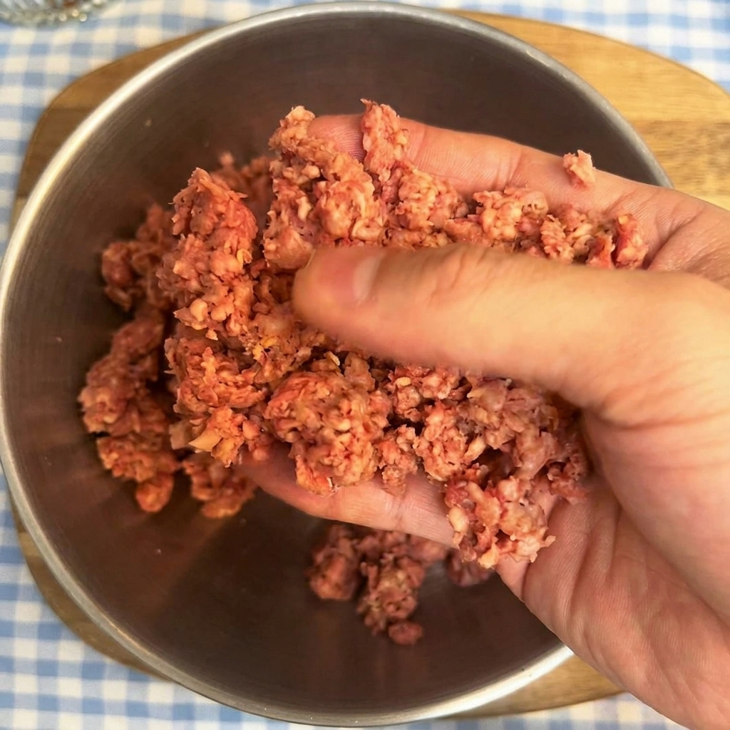 Una mano che impasta delicatamente una porzione di carne macinata cruda in una ciotola di metallo.