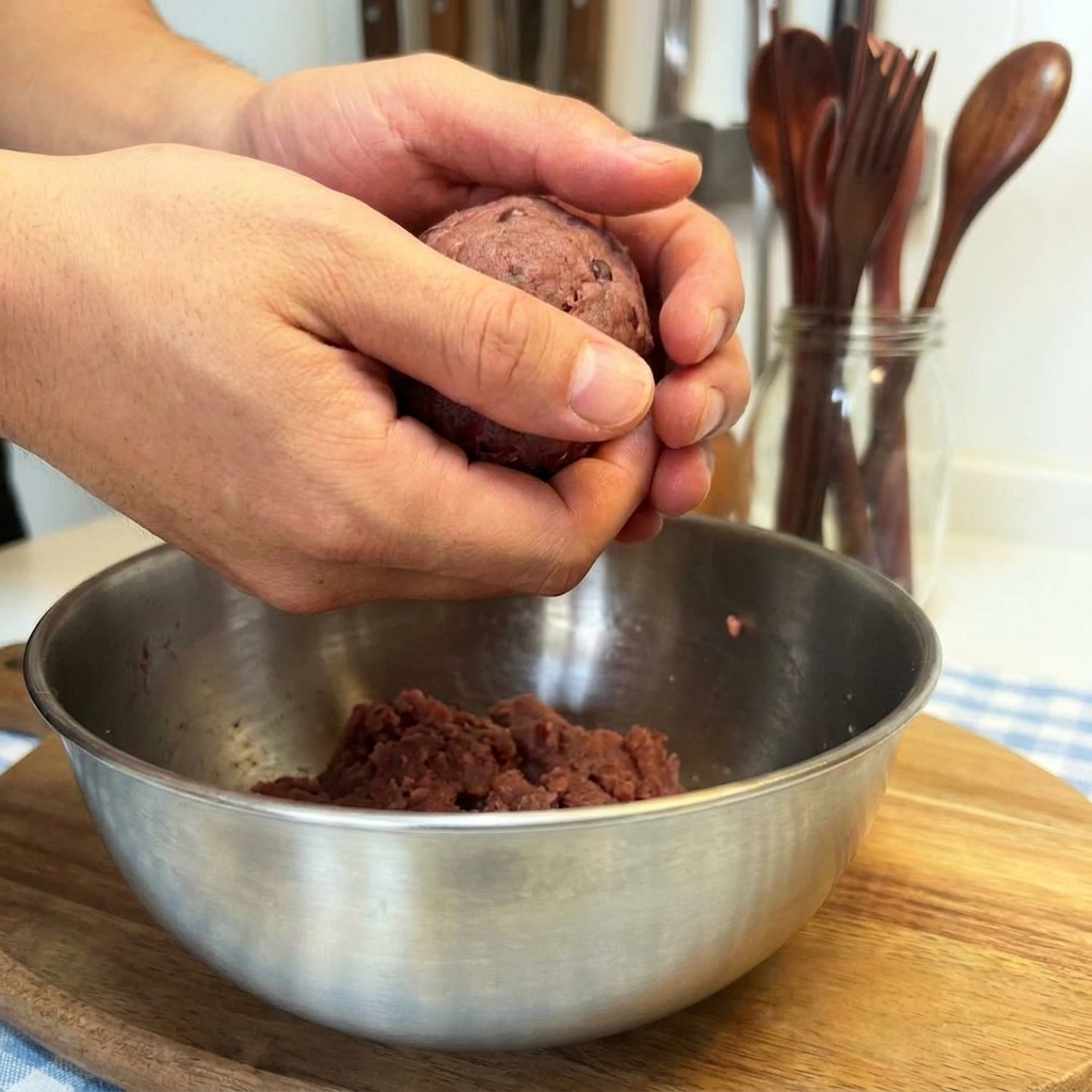 Due mani che tengono e modellano con decisione una sfera di carne macinata cruda.